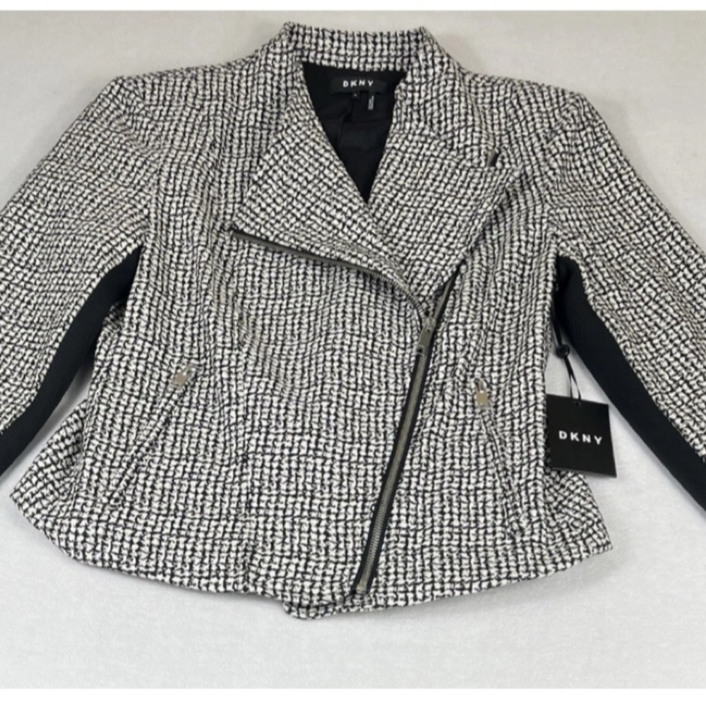 NEW DKNY Black White Asymmetrical Zipper Moto Jacket Museum Row Women’s 14 NEW